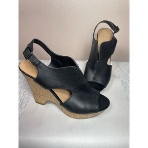 Franco Sarto Gallard Peep Toe Cork Wedge Sandals Black Leather 9.5M